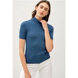 539 • Soft Slate Teal Dense Knit Short Sleeve Mock Neck Sweater Top
